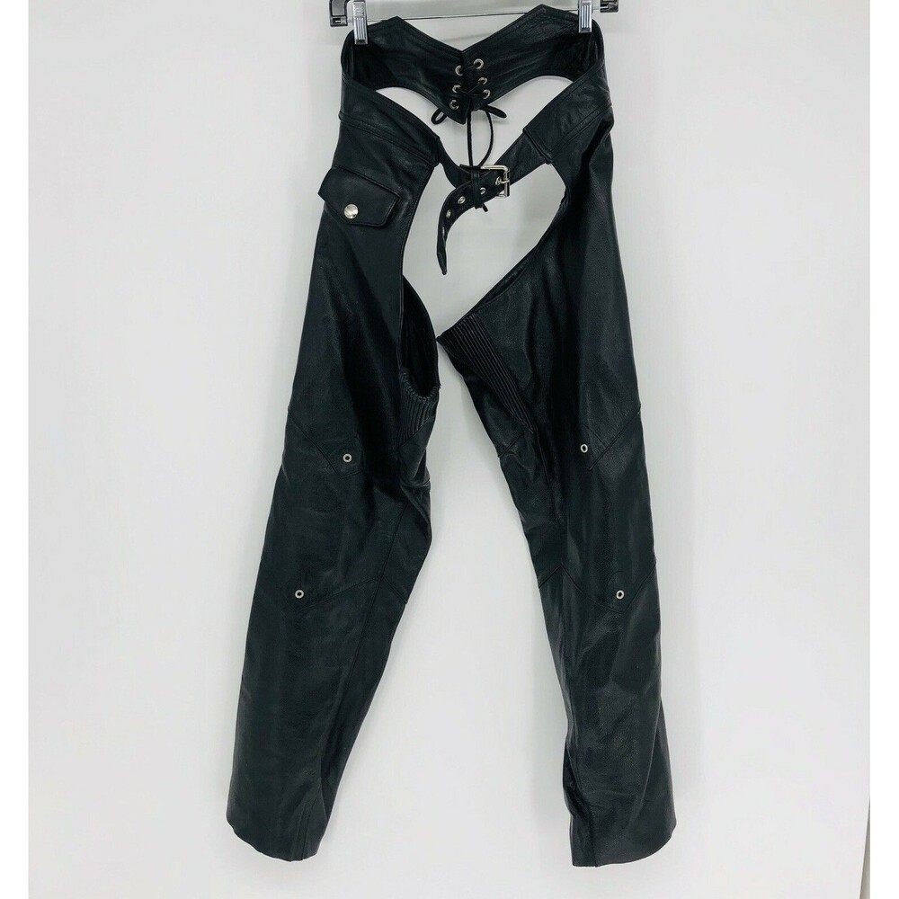 Wilson's Leather Black Motorcycle Chaps Large Ties at waist, Zips, Buckles